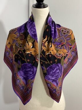 VINTAGE WOMAN 100%SILK SQUARE SCARF PURPLE ROSES GOLDEN ORCHIDS 30"x30"